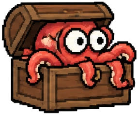 an octopus hiding inside an open treasure chest