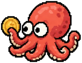 an octopus holding up a gold coin like a receipt